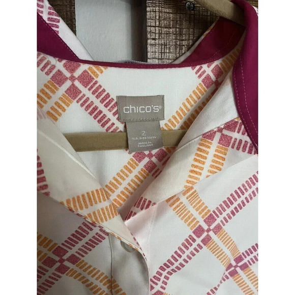 Chicos 2 Womens Shirt Size 14 3/4 Sleeve No Iron Button Down Front Pink Orange - Picture 2 of 7